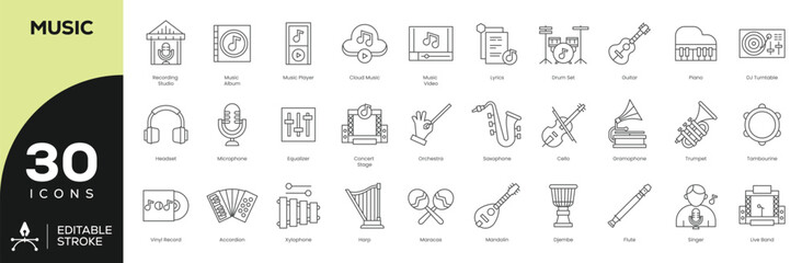 Music & Audio Production Icon Set - 30 Editable Stroke Vector Icons for Artists & Studios (DJ, Instruments, Recording, Live Performance)