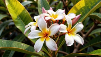 Close up of a cluster of white and yellow plumeria flowers with green leaves