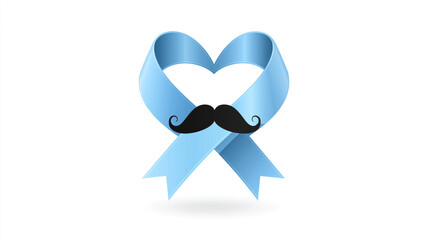 Blue ribbon forming a heart with a black mustache on it. Men's health awareness and prostate cancer concept for Movember.
