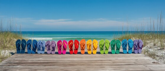 Colorful flip flops lined on boardwalk, beach and ocean background