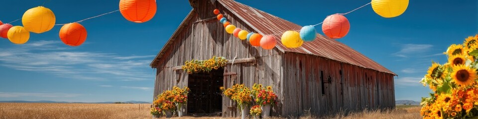 Rustic barn with sunflowers and colorful lanterns for a summer celebration