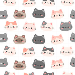 Seamless pattern with cat face on white background, Childish pattern for kids with cats, Cartoon Cat fabric pattern