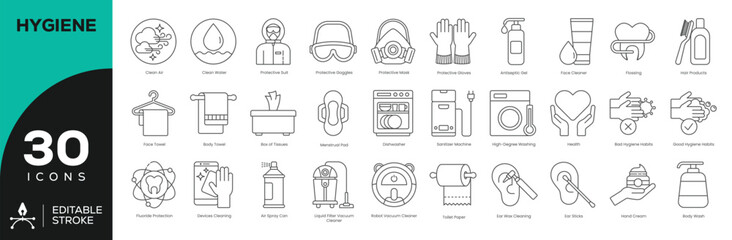 Advanced Hygiene & Protection Icon Set - 30 Editable Stroke Vector Icons for Safety, Cleaning & PPE (Face Shields, Disinfection, Air Purification)