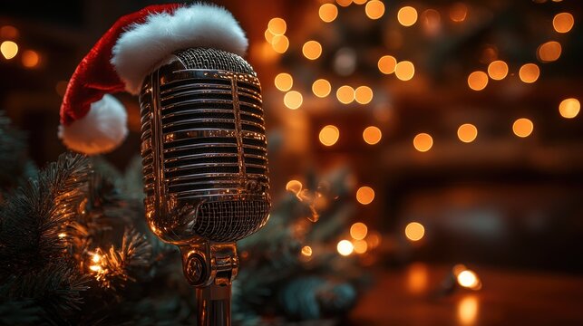 Vintage microphone with a santa hat on a christmas tree background with bokeh lights for holiday music concept. - Powered by Adobe