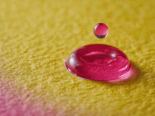 Pink water droplets on yellow surface, liquid sphere, macro photography