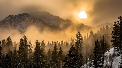Fototapeta premium Golden sunrise over a winter mountain forest.