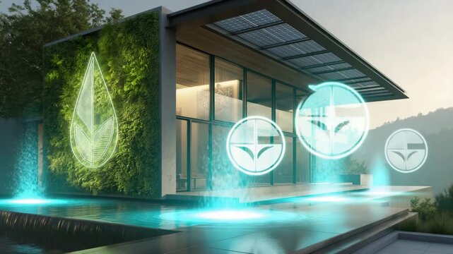 Modernes nachhaltiges Haus mit Solardach und animierten Energiesymbolen. K&uuml;nstliche Intelligenz KI