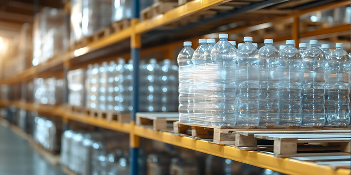 Pallet of water bottles stacked on shelves in a warehouse, supplies distribution, ready for shipment, clear plastic bottle bulk in storage.