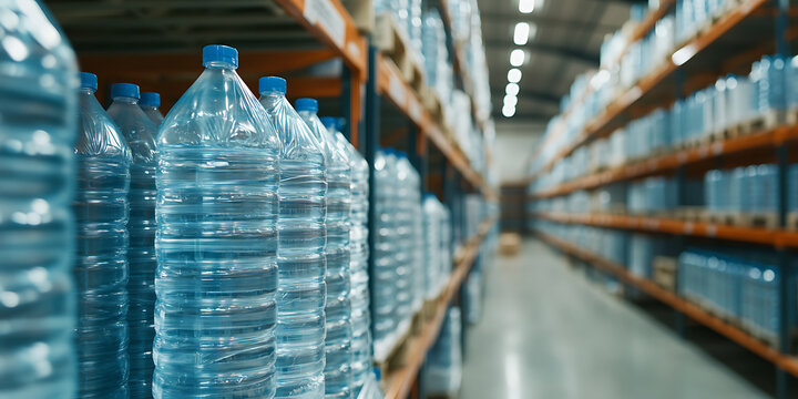 Bottled water on shelves: A warehouse perspective showcasing rows of water bottles stacked neatly, ensuring ample hydration options and inventory management.