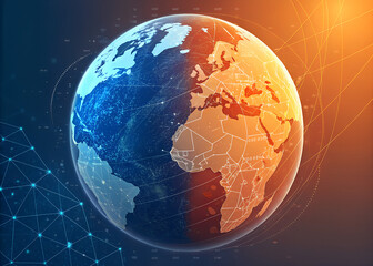 A digital rendering of earth showing Europe, Africa, and data network connections