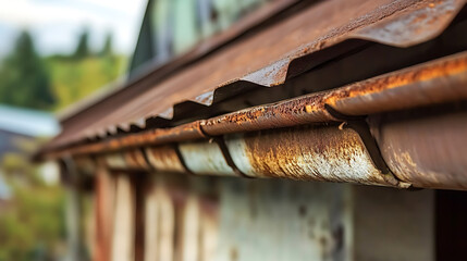 Plakat Rusting Roof: Close-up of aged corrugated metal roof and corroded gutter, showing decay and weathered texture on old architecture.