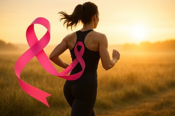 Empowering Spirit: A determined individual runs forward with a pink ribbon. This poignant photo underscores a commitment to breast cancer awareness, resilience.