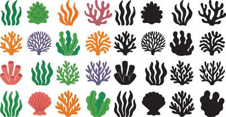 Coral and Seaweed Clipart Set Vibrant Marine Botanical and Silhouette Illustrations for Ocean Themes  © Salam  stock