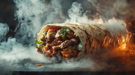 Grilled beef or chicken shawarma doner sandwich with smoke rising, served hot and fresh on rustic background, delicious middle eastern street food ready to eat, commercial restaurant menu concept

