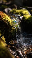 Waterfall with Mossy Rocks Reflecting Rainbow Light in a Forest Stream