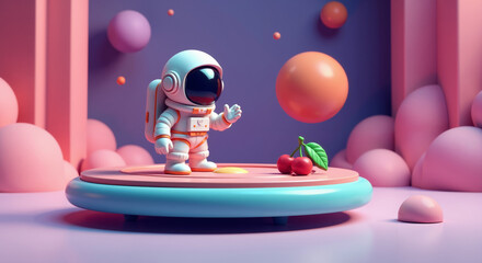 Cute 3D astronaut in a surreal pastel environment with floating cherries and spheres. Whimsical and playful digital illustration.