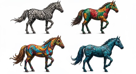 Four colorful horse illustrations side view