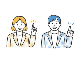 Business duo pointing up illustration, minimal line art illustration