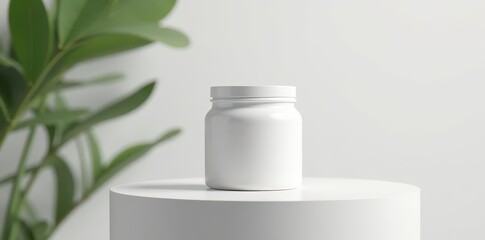 Clean white jar with lid on white pedestal, minimalist display, photo, image