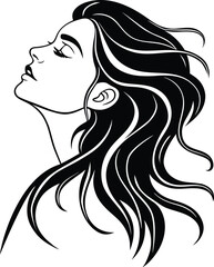 Young beautiful woman profile portrait with closed eyes and long curly black hair. Minimalist black and white vector line art illustration.