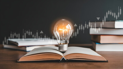 Innovative idea illuminating investment strategy book with financial growth graphs for success