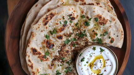 Top view of ground lamb flatbreads with yogurt sauce garnished with fresh herbs on rustic wooden table – traditional middle eastern or mediterranean food concept




