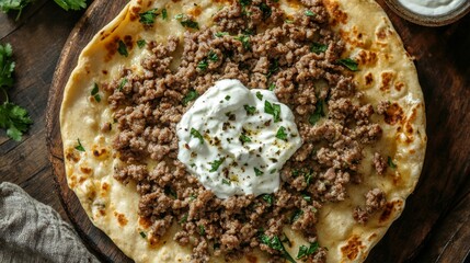 Top view of ground lamb flatbreads with yogurt sauce garnished with fresh herbs on rustic wooden table – traditional middle eastern or mediterranean food concept




