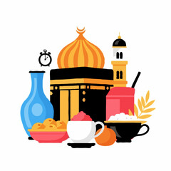Illustration of Islamic traditions and holidays with Kaaba, mosque, lantern, clock, dates and traditional food on white background