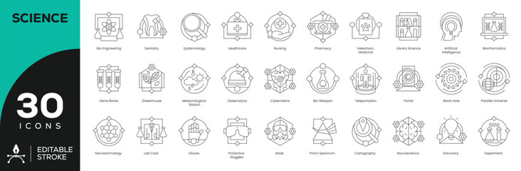 Advanced Science & Technology Icon Set - 30 Editable Stroke Vector Icons for Cutting-Edge Research (AI, Bioinformatics, Neurotech, Parallel Universes)