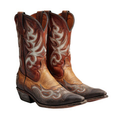 Western leather cowboy boots with intricate stitching and pointed toes footwear, Isolated On Png Transparent Background