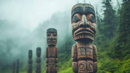 Mystical totem poles standing tall amidst lush greenery. Cultural artistry and serene atmosphere converge, creating a captivating and spiritual scene.