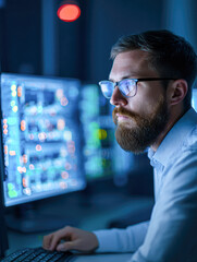 A focused individual with glasses analyzes data on multiple monitors in a dimly lit environment, showcasing modern technology and concentration.
