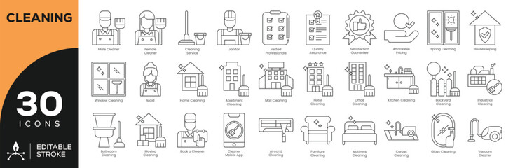 Professional Cleaning Services Icon Set - 30 Editable Stroke Vector Icons for Residential & Commercial Use (Vacuum, Window, Industrial, Spring Cleaning)