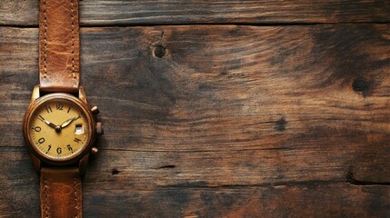 Antique wristwatch with leather strap on rustic wooden surface, symbolizing the passage of time with copy space for text