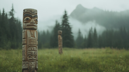 An image of intricate totem poles standing against a misty forest backdrop, symbolizing cultural heritage and natural beauty.
