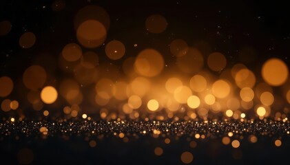 Abstract golden glitter bokeh, black background, light effects, glow, graphic