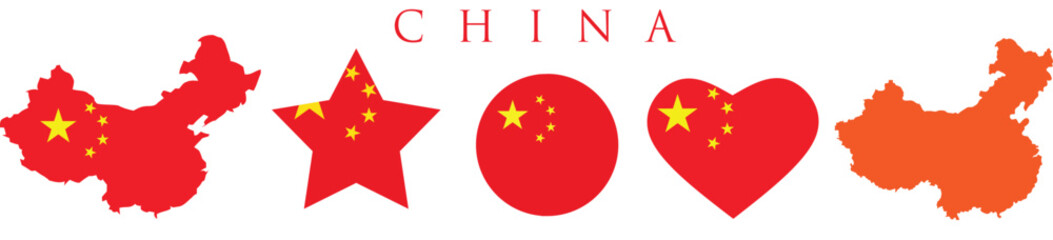 China flag and map set. china flag in official colours and proportions. independence day 1 October, map, star and heart shaped China
