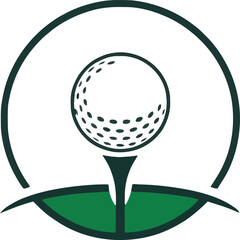 Golf ball on tee inside a circular emblem with horizontal lines