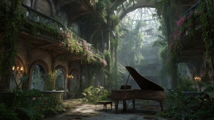 Overgrown grand hall with piano and lush vegetation, post-apocalyptic