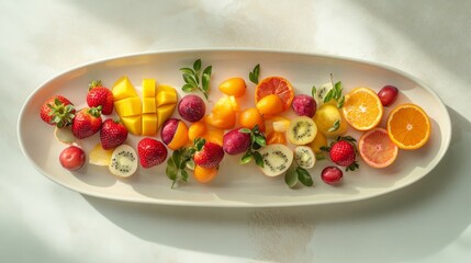 Colorful assortment of fresh tropical and berry fruits including mango, papaya, strawberries, oranges, passion fruit, and blueberries arranged on an oval serving plate on a light kitchen counter for h