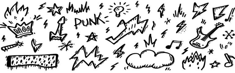 Hand-Drawn Punk Rock Music Symbols and Elements Graphic