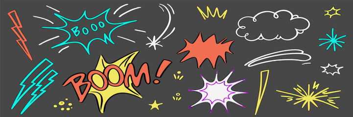 Hand-drawn Comic Book Explosion, Boom, Pow, & Lightning Elements