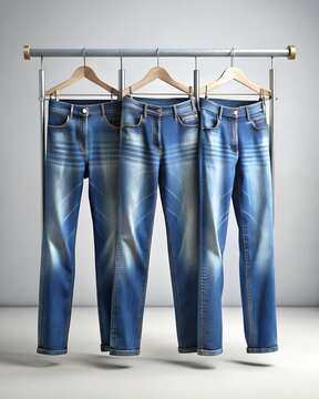 Three pairs of stylish blue jeans hanging on a modern clothing rack, studio shot.