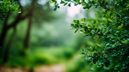 Lush green foliage in a misty forest setting.