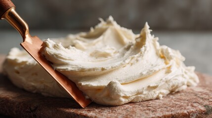 Creamy frosting with a copper spatula on a marble surface, close-up