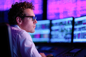 A focused individual with curly hair analyzes data on multiple screens, illuminated by vibrant purple lights, in a dynamic trading environment.