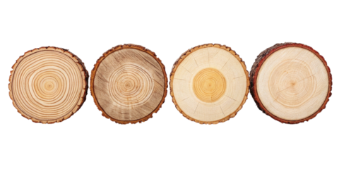 Ai generated image of four cross sections of tree trunks with growth rings isolated on transparent background