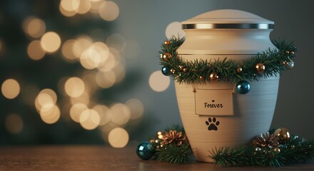 Pet memorial urn decorated with Christmas garland and tag on blurred lights background. Loss and remembrance theme for holidays, animal services, and commemorative product promotions