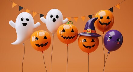 Naklejka premium Halloween balloons shaped as jack-o-lanterns, ghosts, and witch hat on orange background with bunting. Festive party atmosphere, seasonal sales and creative holiday services for event decoration