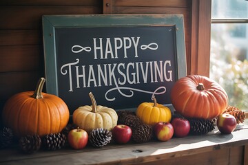 Happy thanksgiving greeting written on a chalkboard surrounded by pumpkins, apples, pinecones, and autumn leaves on a wooden surface